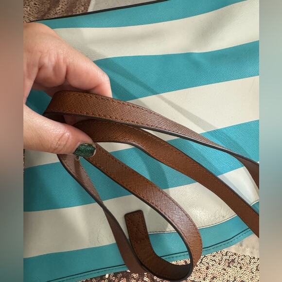 MICHAEL KORS 🩵 Blue & White Striped Shoulder Canvas Tote, Gold Logo - Picture 14 of 15